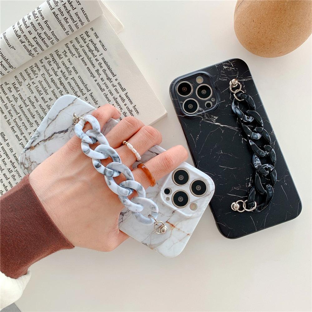 Marble Wriststrap Bracelet Chain Phone Case For iPhone 14 13 Pro Max 12 11 XS XR X 7 8 Plus SE 2020 Silicone Back Cover Colorful Silicone Fashion Pattern Ultra Thin Slim Bumper Shockproof Protective Case with Chain Wrist Strap Marble Iphone Case