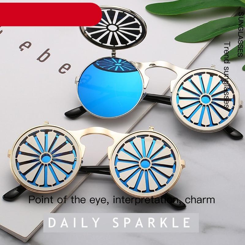 Metal Round Sunglasses For Women Fashionable Glasses For Man Popular Style Flip Design Frame Decent Vintage Style Sunglasses In High Quality Round Polarized Sunglasses for Men Women Small Retro Metal
