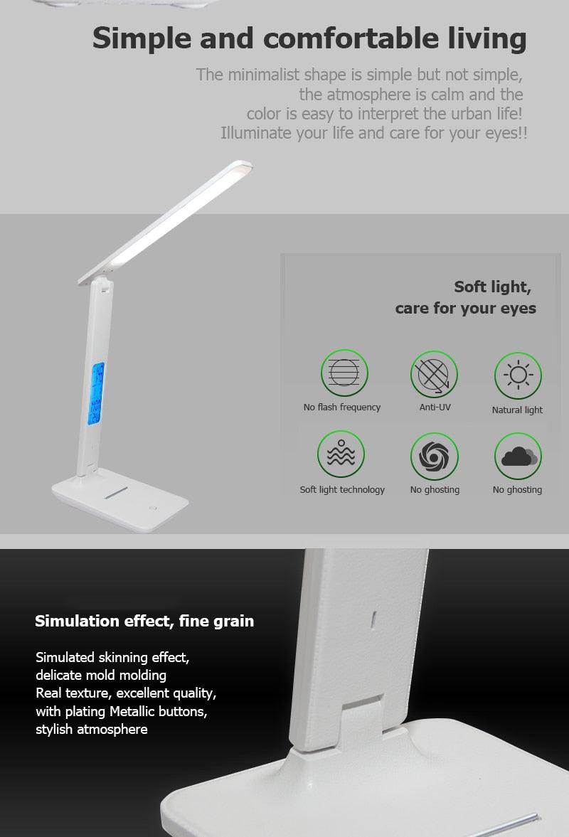 Modern Business Led Office Desk Lamp Touch Dimmable Foldable With Calendar Temperature Alarm Clock table Reading Light Decorative Table Lamp Cute Study Lamps for Bedroom Décor