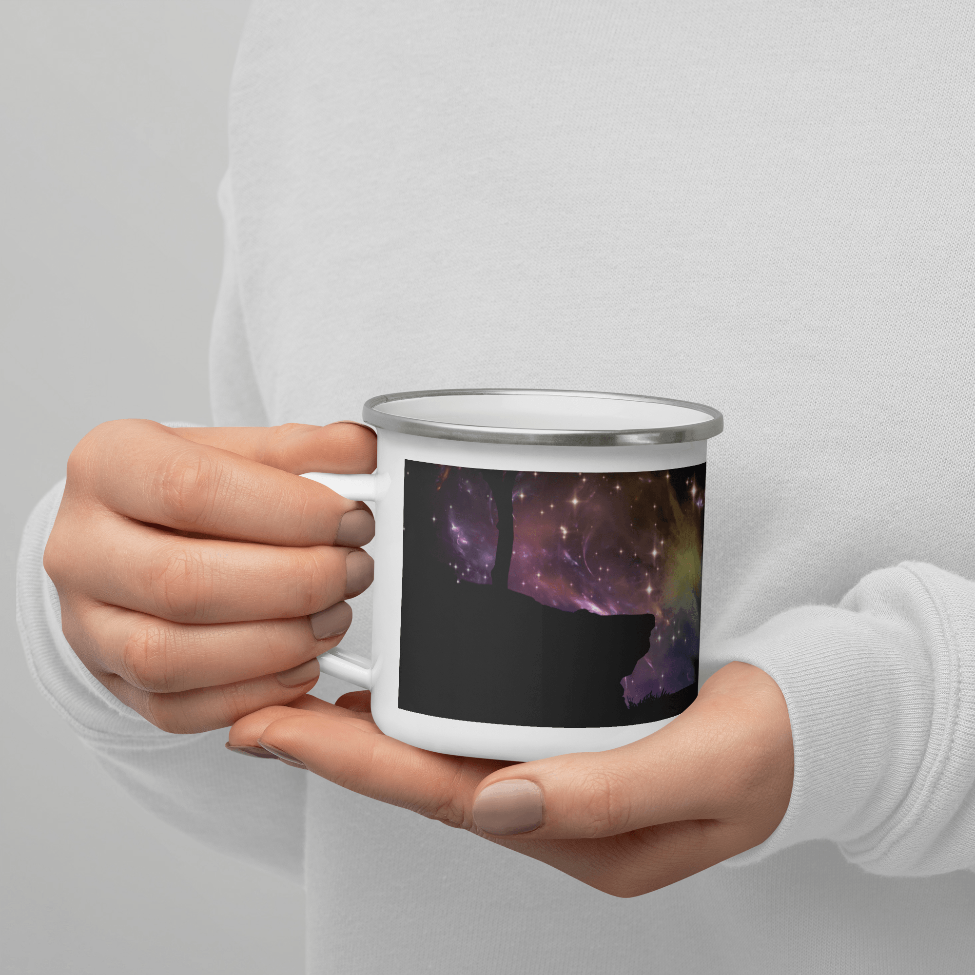 Modern Camping Enamel Mug Hardware Camping Outdoor Enammel Coffee Mug With Print of Wolf on Mountain In Dark Full Printed Enammel Mug In Apstract Design - STEVVEX POD - 1002, camper enammel mug, Customized mug, enammel mug, enammel mug with wolf, Full printed enammel mug, gift enammel mug, gift mug, Metal enammel mug with print of wolf, Nature enammel mug, Print on demand, Print on demand enammel mug, Wolf mug - Stevvex.com