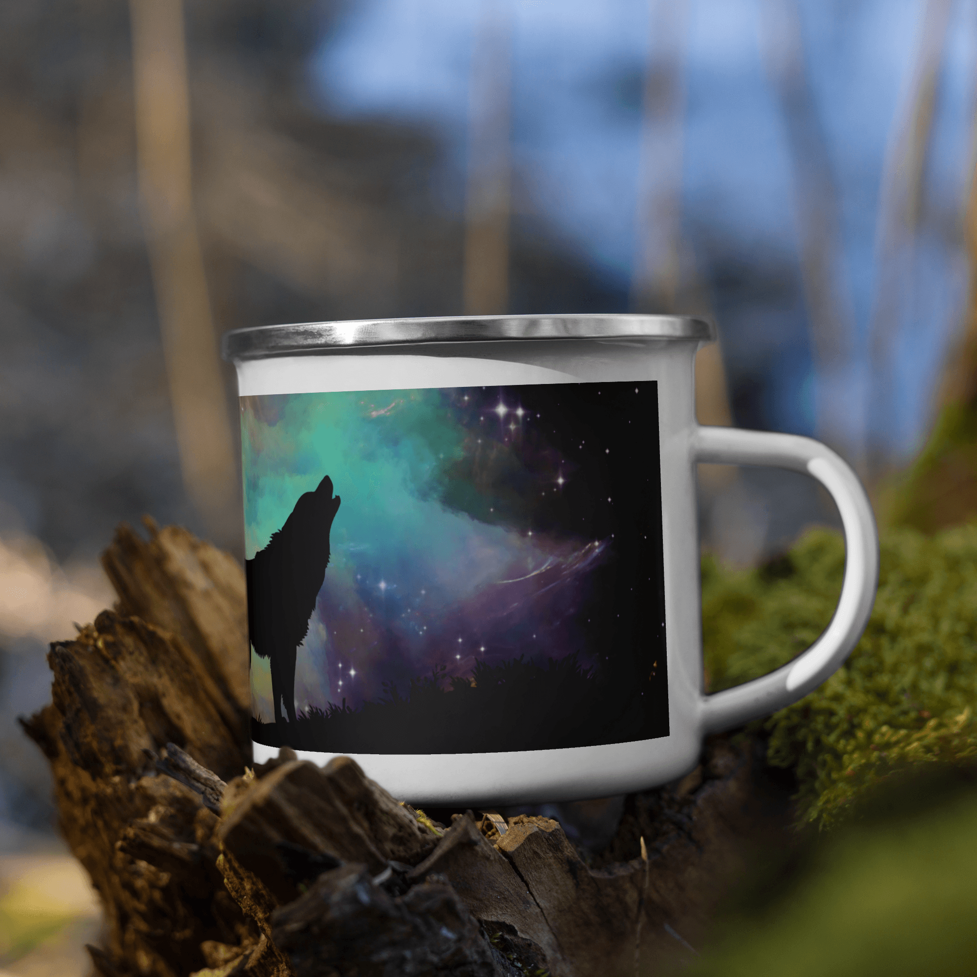 Modern Camping Enamel Mug Hardware Camping Outdoor Enammel Coffee Mug With Print of Wolf on Mountain In Dark Full Printed Enammel Mug In Apstract Design - STEVVEX POD - 1002, camper enammel mug, Customized mug, enammel mug, enammel mug with wolf, Full printed enammel mug, gift enammel mug, gift mug, Metal enammel mug with print of wolf, Nature enammel mug, Print on demand, Print on demand enammel mug, Wolf mug - Stevvex.com