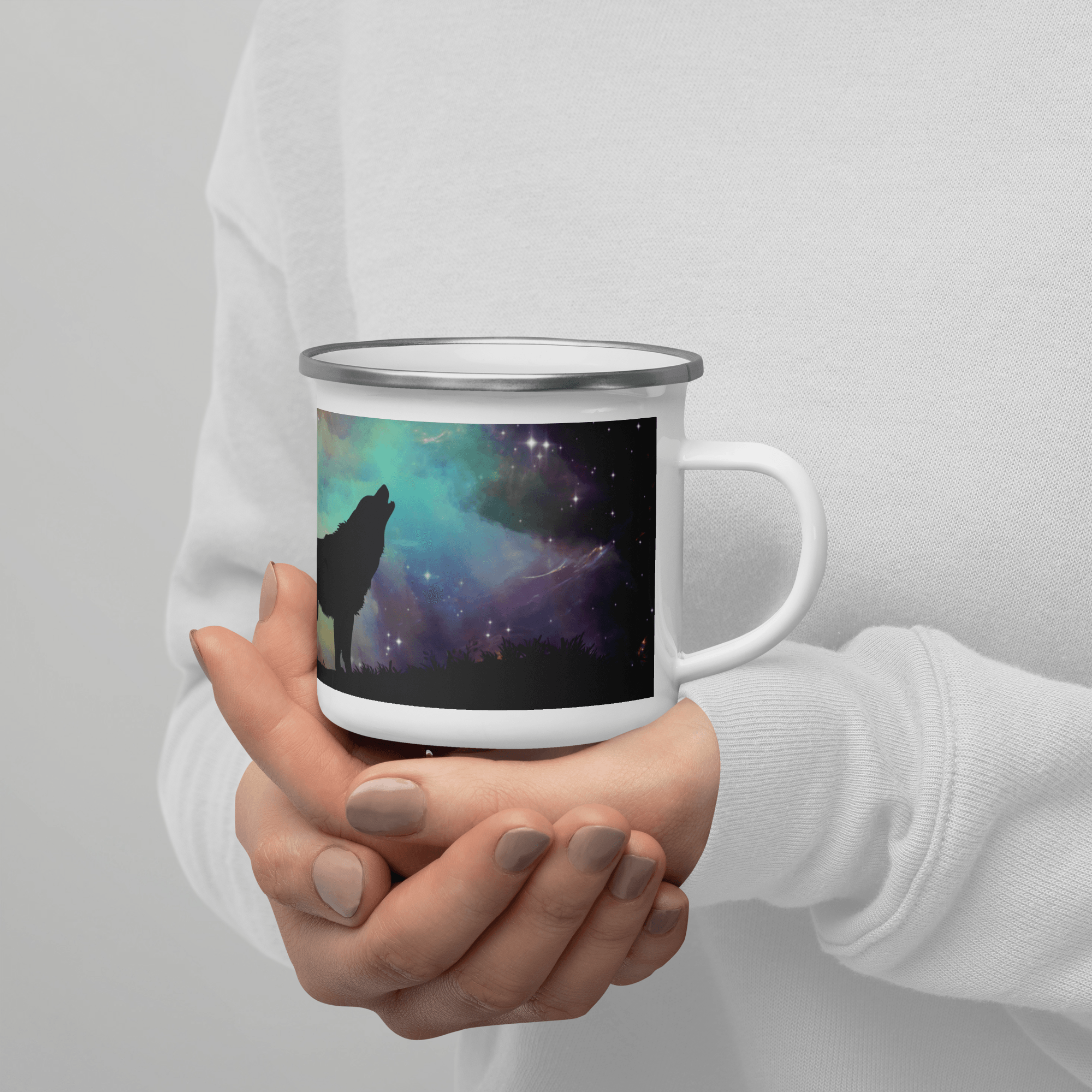 Modern Camping Enamel Mug Hardware Camping Outdoor Enammel Coffee Mug With Print of Wolf on Mountain In Dark Full Printed Enammel Mug In Apstract Design - STEVVEX POD - 1002, camper enammel mug, Customized mug, enammel mug, enammel mug with wolf, Full printed enammel mug, gift enammel mug, gift mug, Metal enammel mug with print of wolf, Nature enammel mug, Print on demand, Print on demand enammel mug, Wolf mug - Stevvex.com