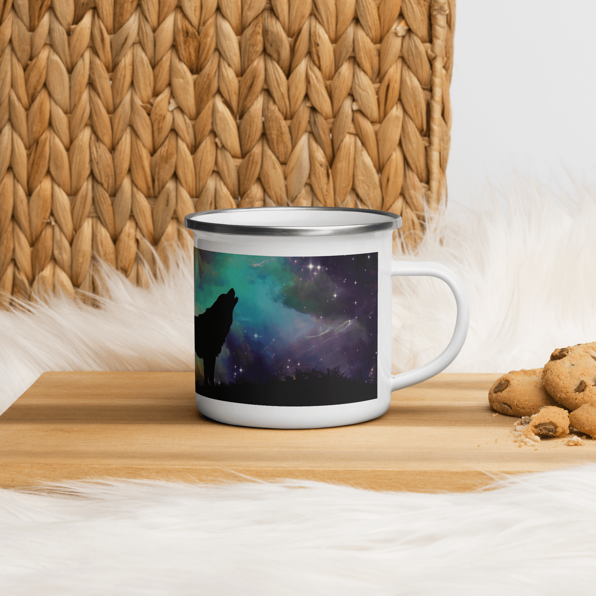 Modern Camping Enamel Mug Hardware Camping Outdoor Enammel Coffee Mug With Print of Wolf on Mountain In Dark Full Printed Enammel Mug In Apstract Design - STEVVEX POD - 1002, camper enammel mug, Customized mug, enammel mug, enammel mug with wolf, Full printed enammel mug, gift enammel mug, gift mug, Metal enammel mug with print of wolf, Nature enammel mug, Print on demand, Print on demand enammel mug, Wolf mug - Stevvex.com