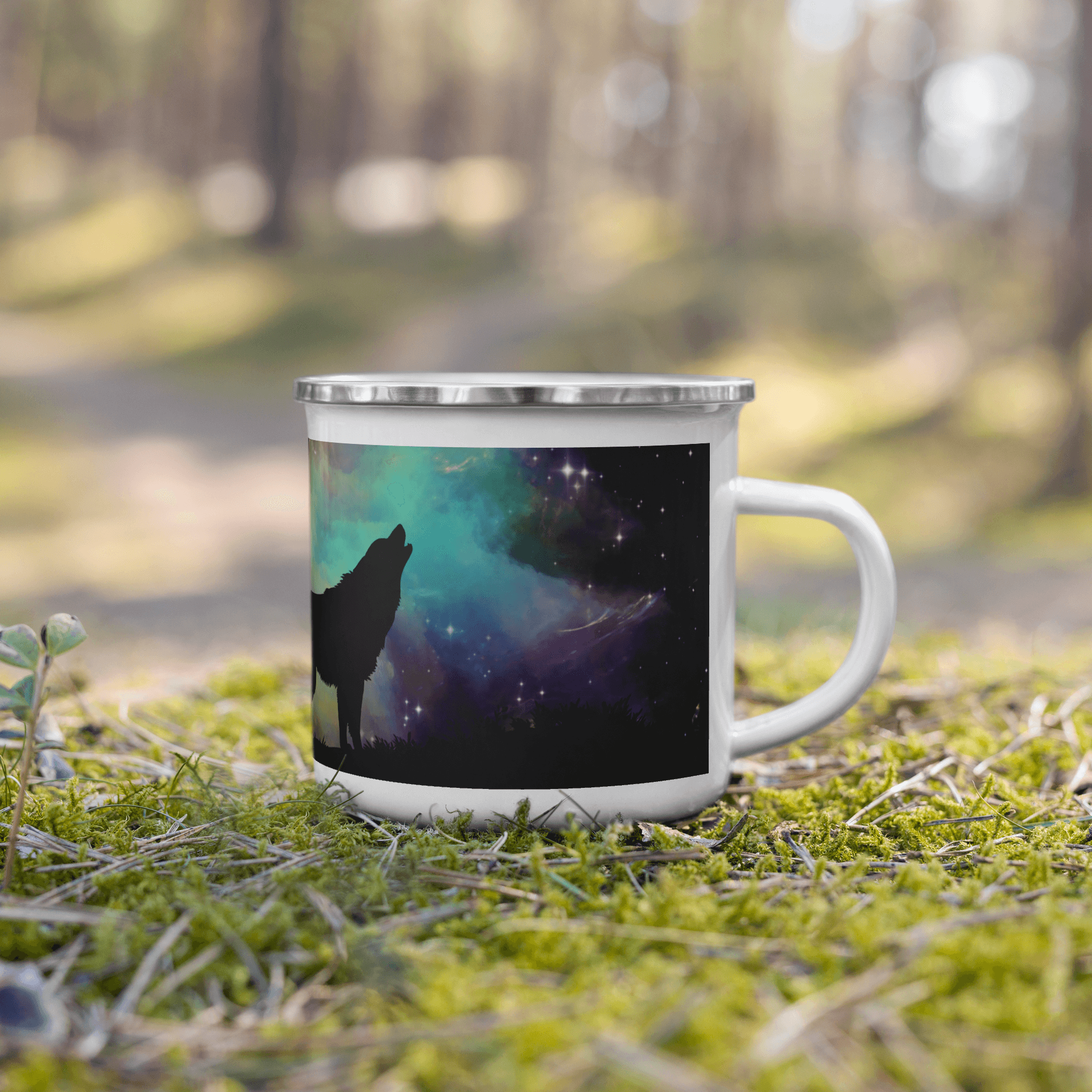 Modern Camping Enamel Mug Hardware Camping Outdoor Enammel Coffee Mug With Print of Wolf on Mountain In Dark Full Printed Enammel Mug In Apstract Design - STEVVEX POD - 1002, camper enammel mug, Customized mug, enammel mug, enammel mug with wolf, Full printed enammel mug, gift enammel mug, gift mug, Metal enammel mug with print of wolf, Nature enammel mug, Print on demand, Print on demand enammel mug, Wolf mug - Stevvex.com