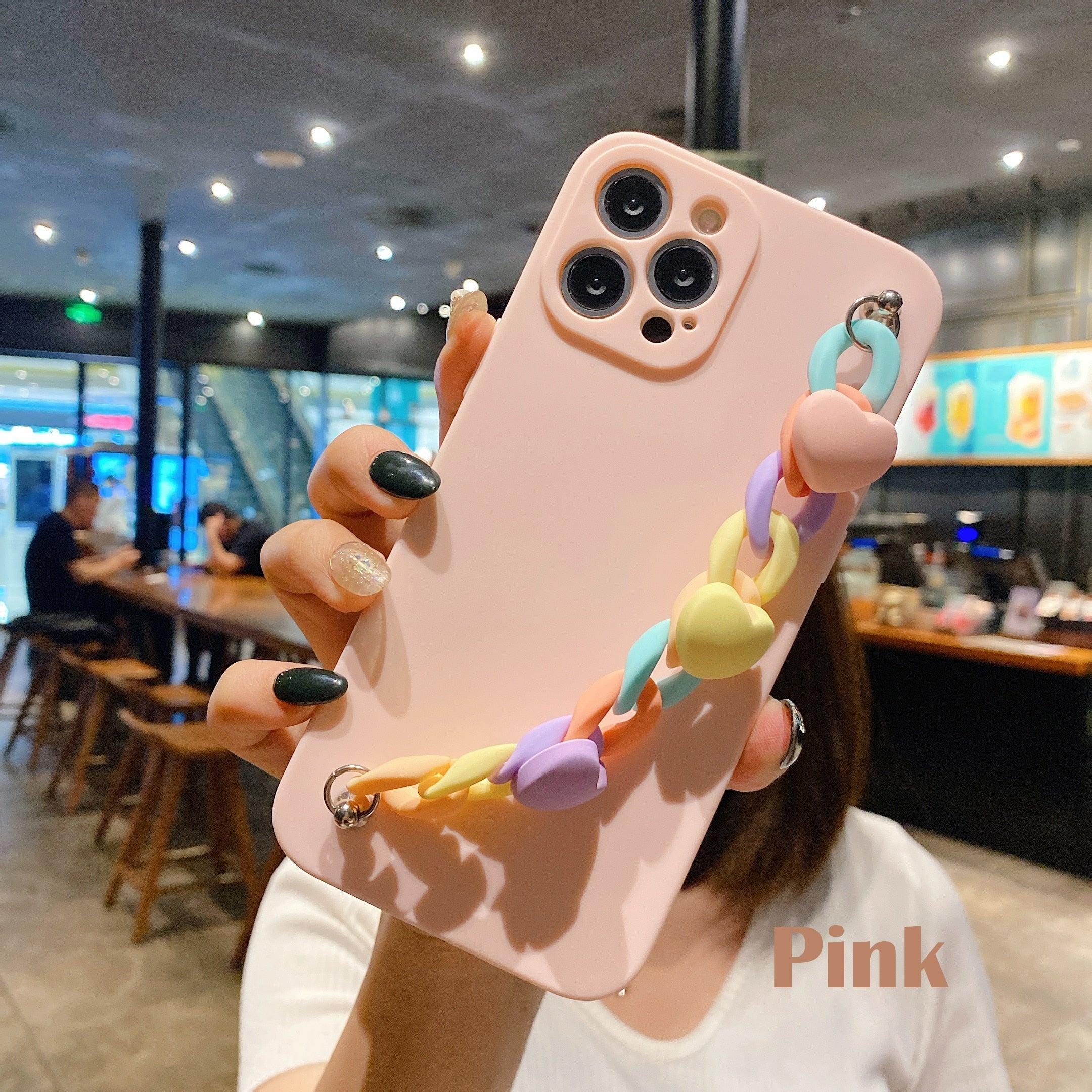 Modern Colorful Bracelet Phone Case For iPhone 11 12 13 Pro Max X XS XR 6 7 8 Plus 12 Mini Colorful Heart-Shaped Chain Silicone Cute Heart Chain Back Cover for iPhone 12 Pro Max Soft Silicone Back Cover