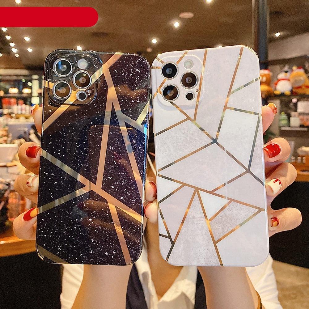 Modern Geometric Marble Phone Case For iPhone 14 13 12 Soft Bumper Cover Lightweight Glossy Shiny Reflective Minimalist Luxury Aesthetic Cover