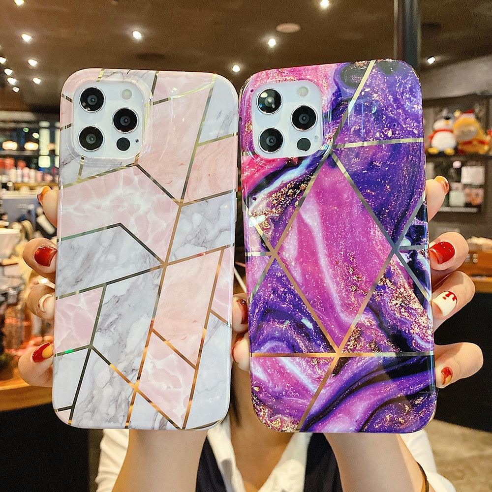 Modern Geometric Marble Phone Case For iPhone 14 13 12 Soft Bumper Cover Lightweight Glossy Shiny Reflective Minimalist Luxury Aesthetic Cover