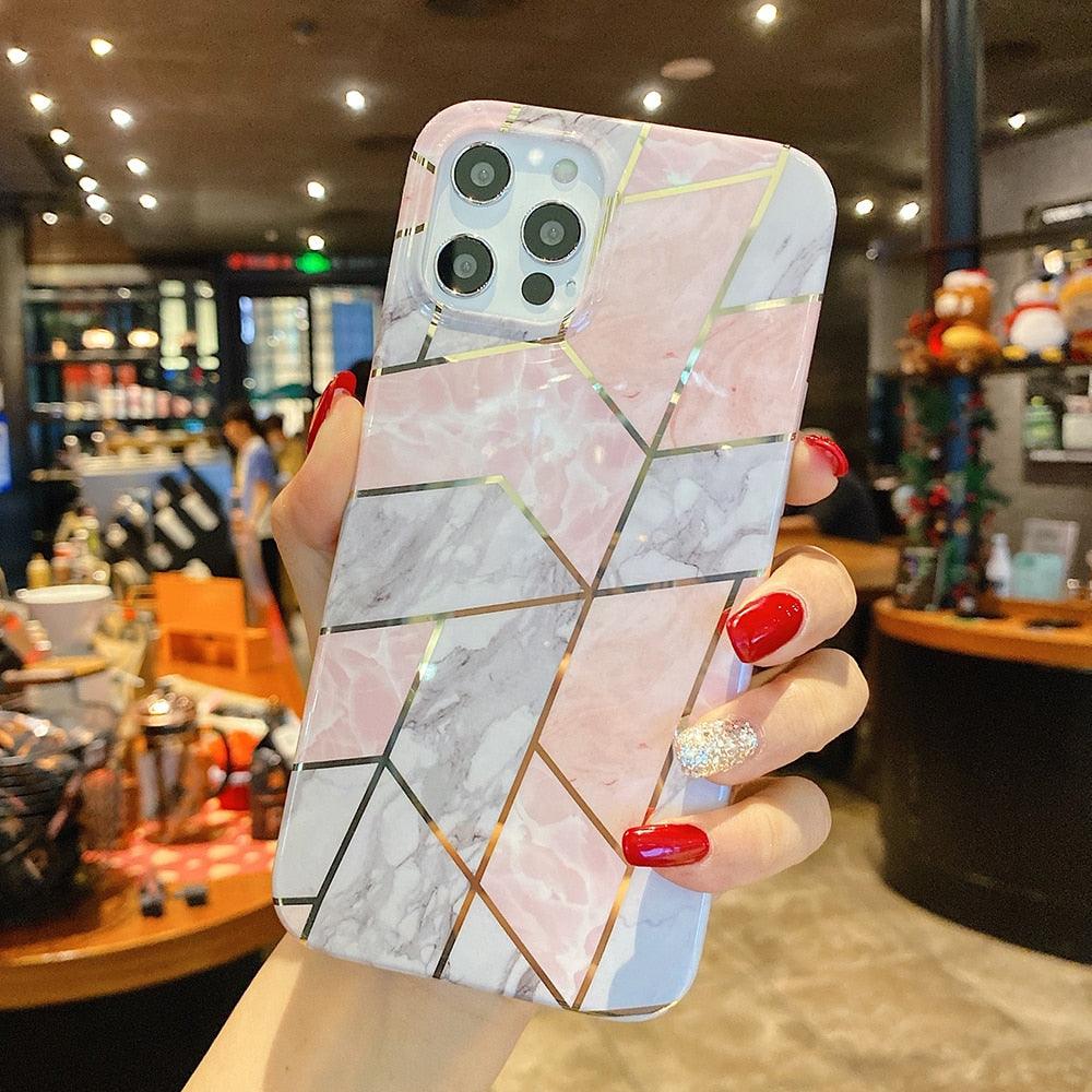 Modern Geometric Marble Phone Case For iPhone 14 13 12 Soft Bumper Cover Lightweight Glossy Shiny Reflective Minimalist Luxury Aesthetic Cover
