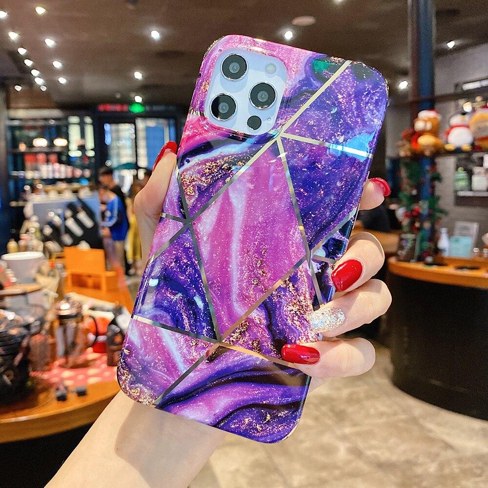 Modern Geometric Marble Phone Case For iPhone 14 13 12 Soft Bumper Cover Lightweight Glossy Shiny Reflective Minimalist Luxury Aesthetic Cover