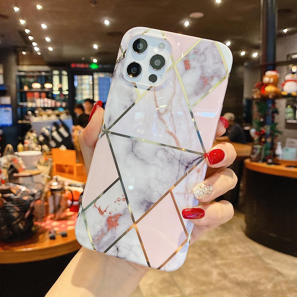 Modern Geometric Marble Phone Case For iPhone 14 13 12 Soft Bumper Cover Lightweight Glossy Shiny Reflective Minimalist Luxury Aesthetic Cover