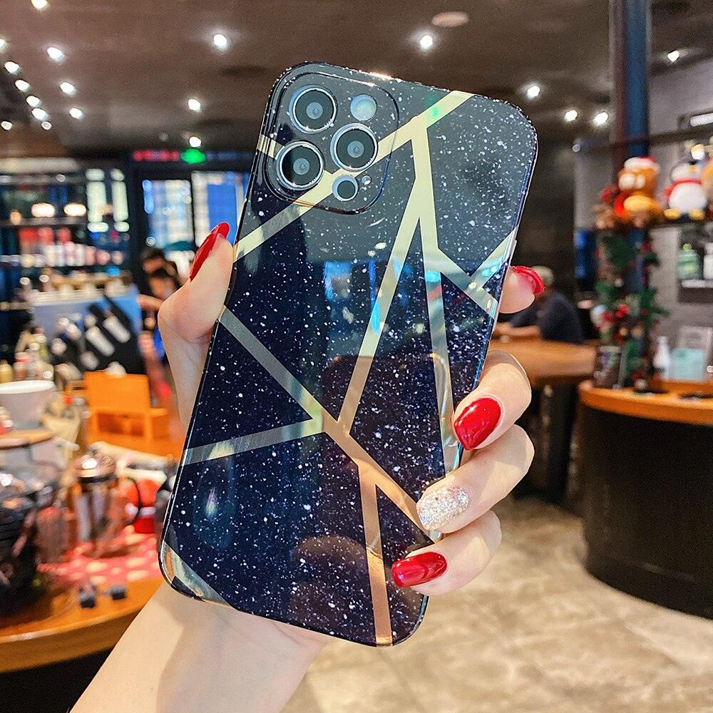 Modern Geometric Marble Phone Case For iPhone 14 13 12 Soft Bumper Cover Lightweight Glossy Shiny Reflective Minimalist Luxury Aesthetic Cover