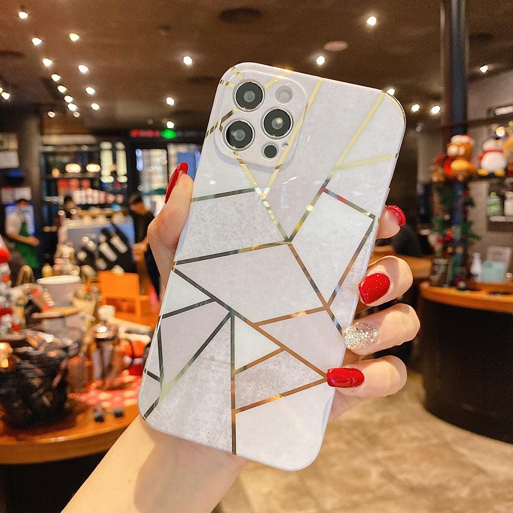 Modern Geometric Marble Phone Case For iPhone 14 13 12 Soft Bumper Cover Lightweight Glossy Shiny Reflective Minimalist Luxury Aesthetic Cover