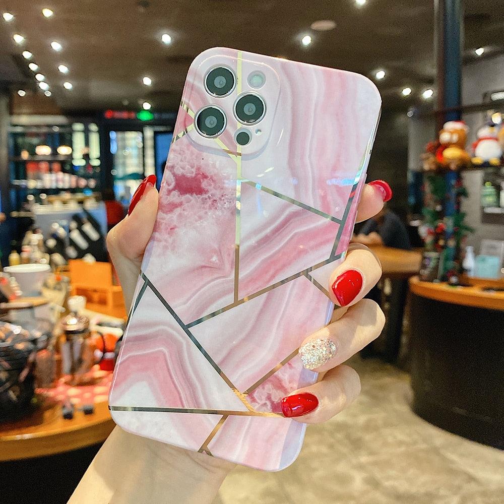 Modern Geometric Marble Phone Case For iPhone 14 13 12 Soft Bumper Cover Lightweight Glossy Shiny Reflective Minimalist Luxury Aesthetic Cover