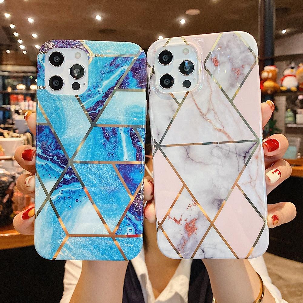 Modern Geometric Marble Phone Case For iPhone 14 13 12 Soft Bumper Cover Lightweight Glossy Shiny Reflective Minimalist Luxury Aesthetic Cover