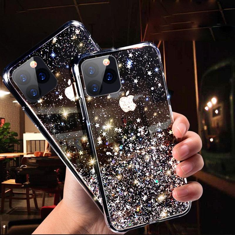 Modern Glitter Phone Case For iPhone 11 12 Pro Max XR XS Max X 7 Soft Silicone Clear Sparkly Star Glitter Design for Women Girls Soft Shockproof Anti-Scratch Protective Cases Transparent Back Cover For iPhone