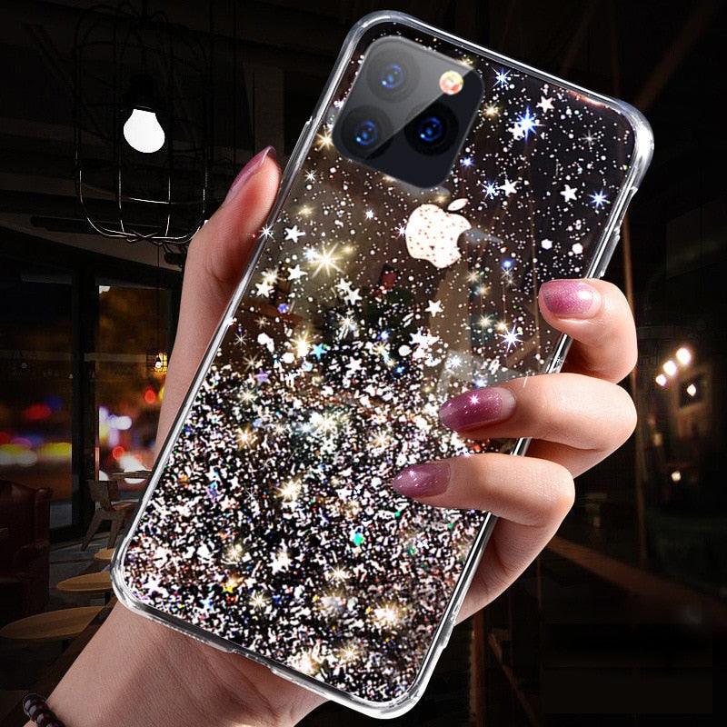Modern Glitter Phone Case For iPhone 11 12 Pro Max XR XS Max X 7 Soft Silicone Clear Sparkly Star Glitter Design for Women Girls Soft Shockproof Anti-Scratch Protective Cases Transparent Back Cover For iPhone
