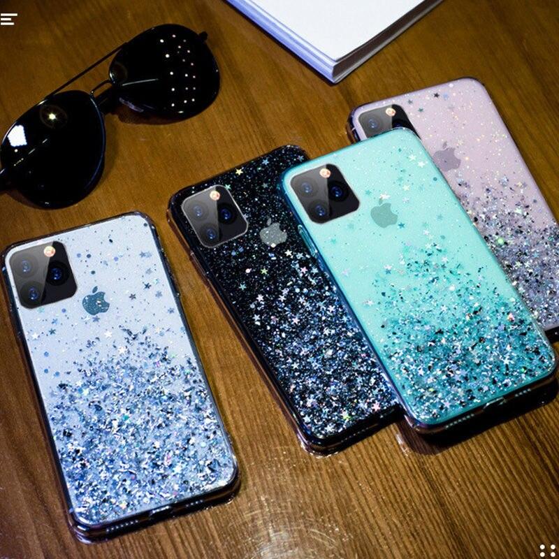Modern Glitter Phone Case For iPhone 11 12 Pro Max XR XS Max X 7 Soft Silicone Clear Sparkly Star Glitter Design for Women Girls Soft Shockproof Anti-Scratch Protective Cases Transparent Back Cover For iPhone