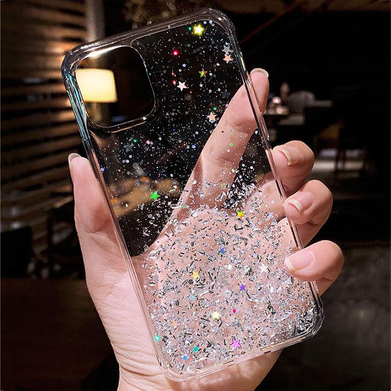Modern Glitter Phone Case For iPhone 11 12 Pro Max XR XS Max X 7 Soft Silicone Clear Sparkly Star Glitter Design for Women Girls Soft Shockproof Anti-Scratch Protective Cases Transparent Back Cover For iPhone