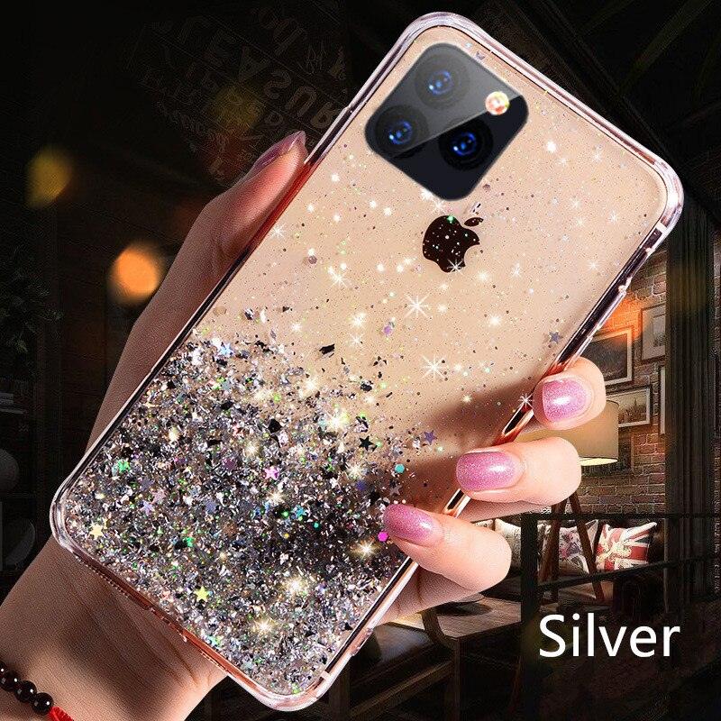 Modern Glitter Phone Case For iPhone 11 12 Pro Max XR XS Max X 7 Soft Silicone Clear Sparkly Star Glitter Design for Women Girls Soft Shockproof Anti-Scratch Protective Cases Transparent Back Cover For iPhone