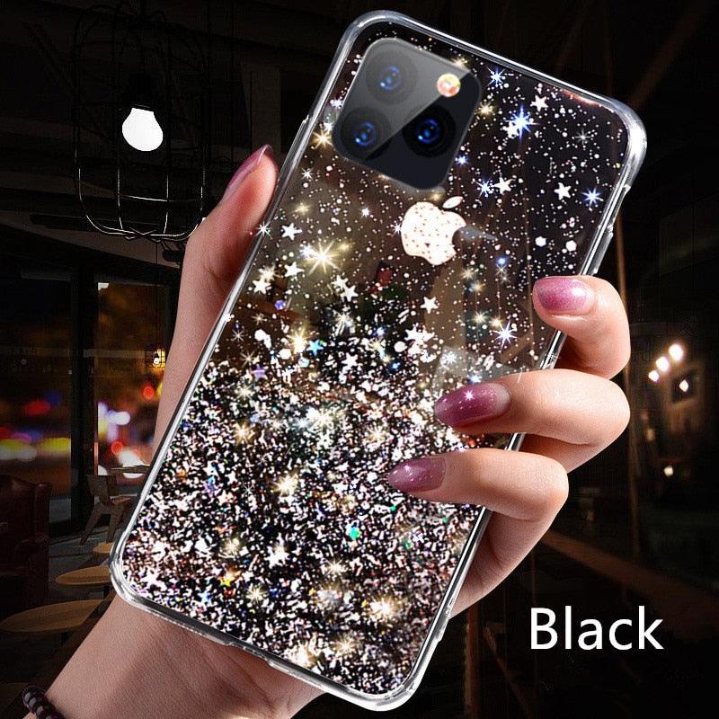 Modern Glitter Phone Case For iPhone 11 12 Pro Max XR XS Max X 7 Soft Silicone Clear Sparkly Star Glitter Design for Women Girls Soft Shockproof Anti-Scratch Protective Cases Transparent Back Cover For iPhone