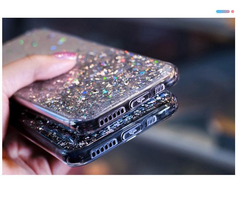 Modern Glitter Phone Case For iPhone 11 12 Pro Max XR XS Max X 7 Soft Silicone Clear Sparkly Star Glitter Design for Women Girls Soft Shockproof Anti-Scratch Protective Cases Transparent Back Cover For iPhone