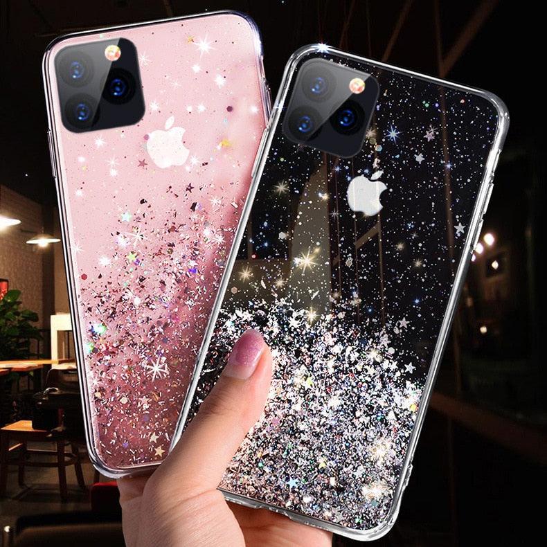 Modern Glitter Phone Case For iPhone 11 12 Pro Max XR XS Max X 7 Soft Silicone Clear Sparkly Star Glitter Design for Women Girls Soft Shockproof Anti-Scratch Protective Cases Transparent Back Cover For iPhone