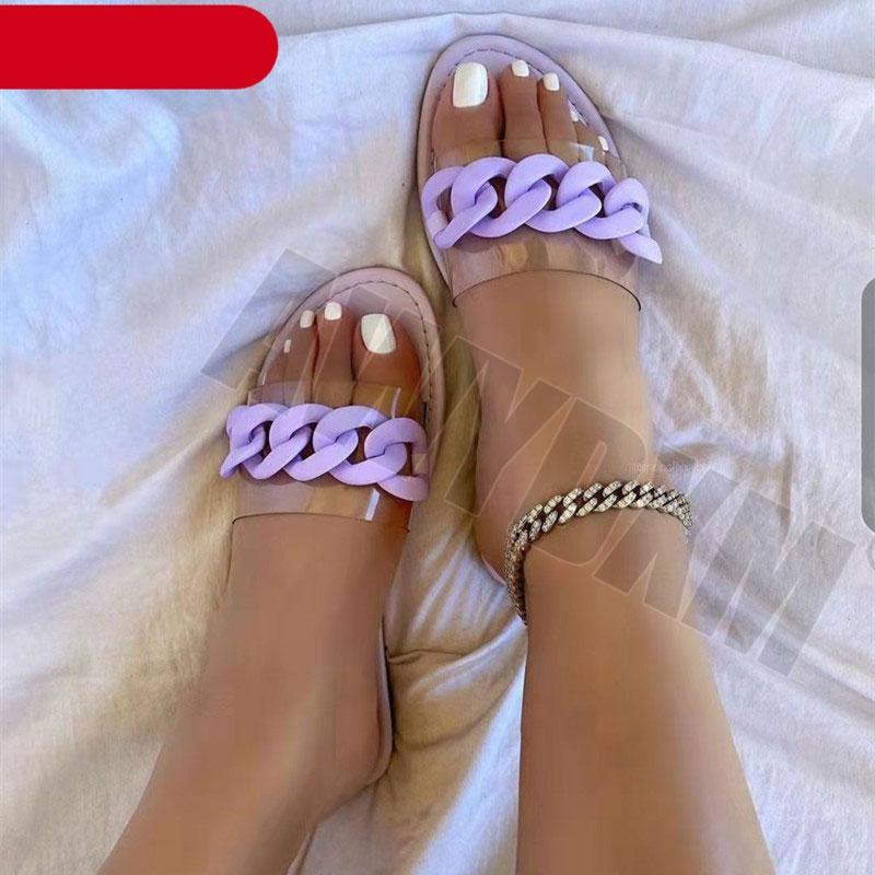Multicolor Flat Slippers Women Shoes Elegant Summer New Woman Sandals Chain Sandal Flip Flops Casual Beach Dress Slides Sandals Beach Open Toe Flat Slippers Fashion Chain Clear Slide Flip Flops