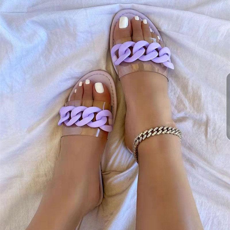 Multicolor Flat Slippers Women Shoes Elegant Summer New Woman Sandals Chain Sandal Flip Flops Casual Beach Dress Slides Sandals Beach Open Toe Flat Slippers Fashion Chain Clear Slide Flip Flops