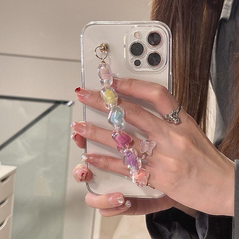 Multicolored Cute Love Heart Bracelet Wrist Chain Case for iPhone 14Pro Max 12 11 XR X XS 7 8 plus Clear Soft Back Cover for iPhone 13 Transparent Love Chain Bracelets Phone Case for iPhone Modern Heart Shaped Bracelet Phone Case