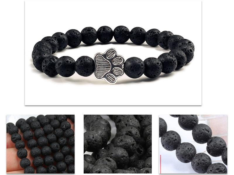 Natural Matte Black Lava Volcanic Stone Paw Print Charm Bracelet Pet Memorial Cat Dog Lovers Jewelry Bracelets For Women Men Stress Relief Yoga Bracelet Mood Bracelet Gifts For Women And Girls