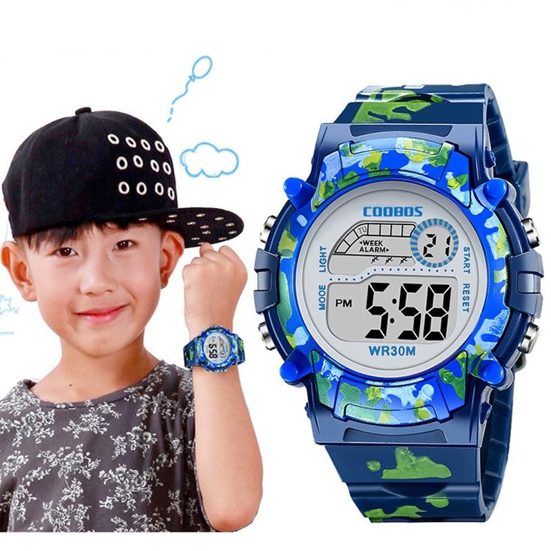 Navy Blue Camouflage Kids Watches LED Colorful Flash Digital Waterproof Date Week Creative Children Watch Sport Multi Function 30M Waterproof LED Alarm Stopwatch Digital Child Wristwatch For Boy Girl