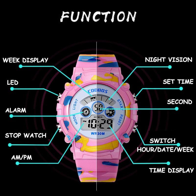 Navy Blue Camouflage Kids Watches LED Colorful Flash Digital Waterproof Date Week Creative Children Watch Sport Multi Function 30M Waterproof LED Alarm Stopwatch Digital Child Wristwatch For Boy Girl