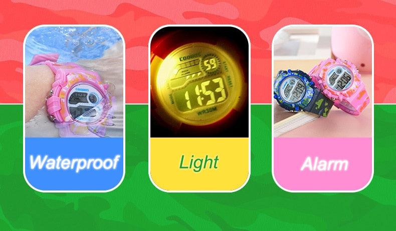 Navy Blue Camouflage Kids Watches LED Colorful Flash Digital Waterproof Date Week Creative Children Watch Sport Multi Function 30M Waterproof LED Alarm Stopwatch Digital Child Wristwatch For Boy Girl