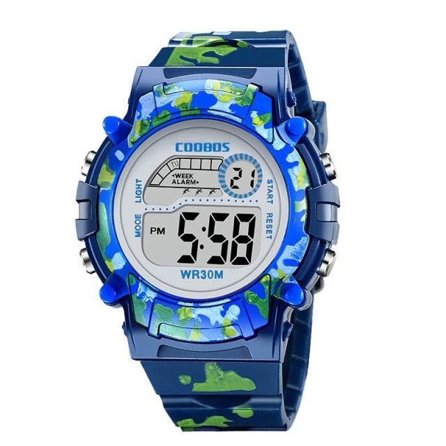 Navy Blue Camouflage Kids Watches LED Colorful Flash Digital Waterproof Date Week Creative Children Watch Sport Multi Function 30M Waterproof LED Alarm Stopwatch Digital Child Wristwatch For Boy Girl