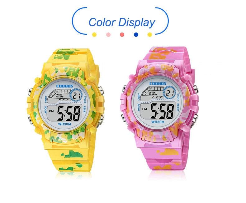 Navy Blue Camouflage Kids Watches LED Colorful Flash Digital Waterproof Date Week Creative Children Watch Sport Multi Function 30M Waterproof LED Alarm Stopwatch Digital Child Wristwatch For Boy Girl