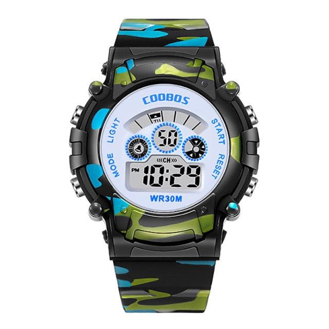 Navy Blue Camouflage Kids Watches LED Colorful Flash Digital Waterproof Date Week Creative Children Watch Sport Multi Function 30M Waterproof LED Alarm Stopwatch Digital Child Wristwatch For Boy Girl