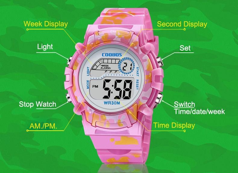 Navy Blue Camouflage Kids Watches LED Colorful Flash Digital Waterproof Date Week Creative Children Watch Sport Multi Function 30M Waterproof LED Alarm Stopwatch Digital Child Wristwatch For Boy Girl
