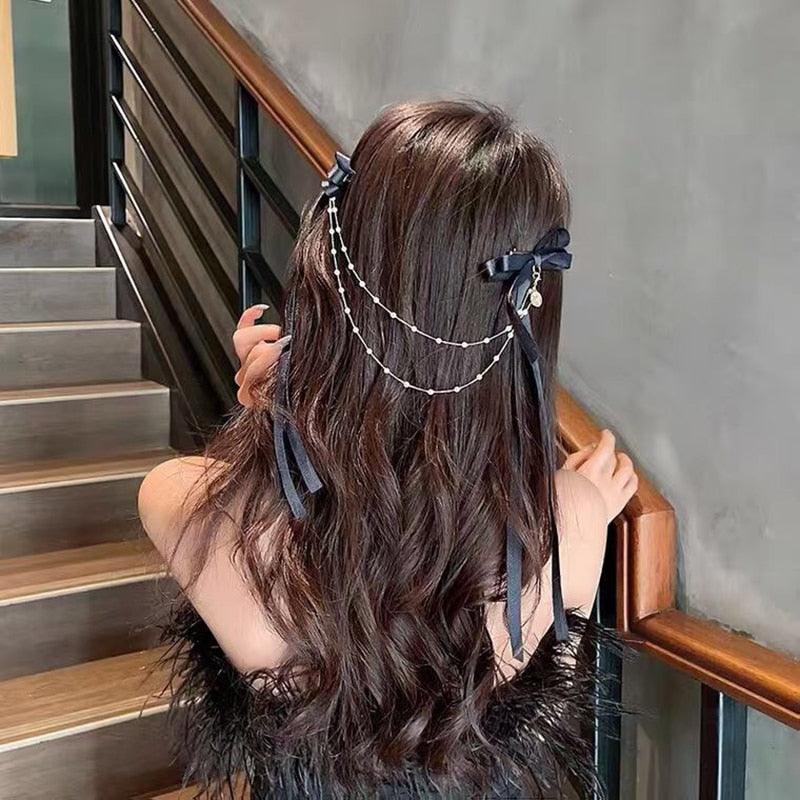 New Bow Pearls Chain Barrettes Hairpins For Women Rhinestone Spring Hair Clips Ribbon Headband Ponytail Headdress Wedding Hair Accessories for Brides and Bridesmaids