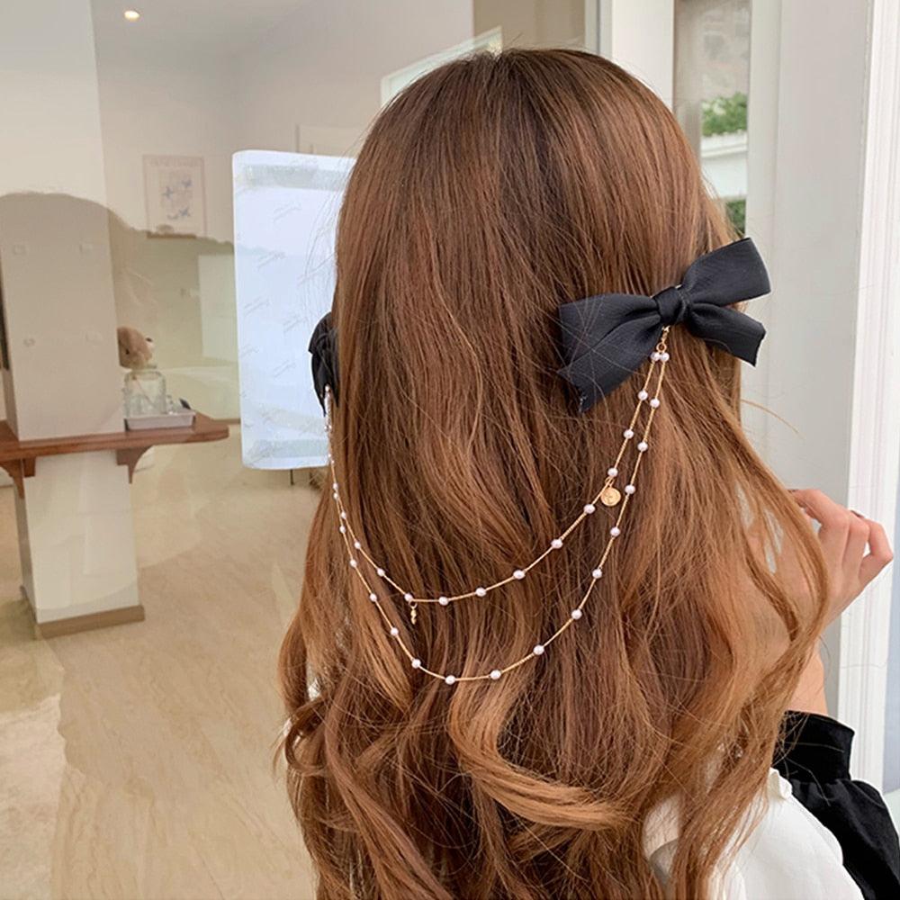 New Bow Pearls Chain Barrettes Hairpins For Women Rhinestone Spring Hair Clips Ribbon Headband Ponytail Headdress Wedding Hair Accessories for Brides and Bridesmaids