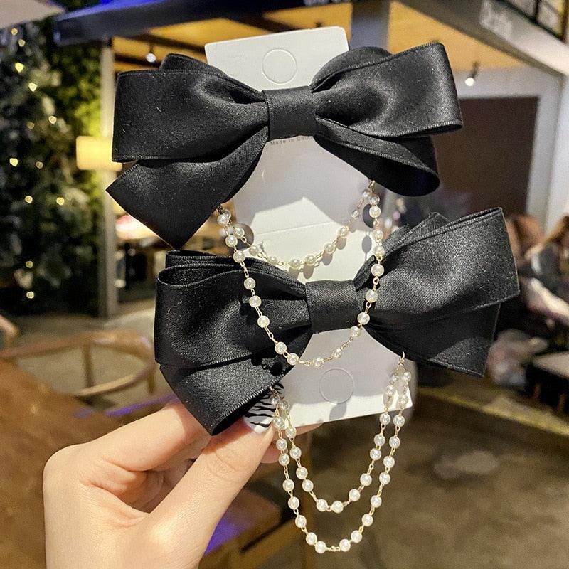 New Bow Pearls Chain Barrettes Hairpins For Women Rhinestone Spring Hair Clips Ribbon Headband Ponytail Headdress Wedding Hair Accessories for Brides and Bridesmaids
