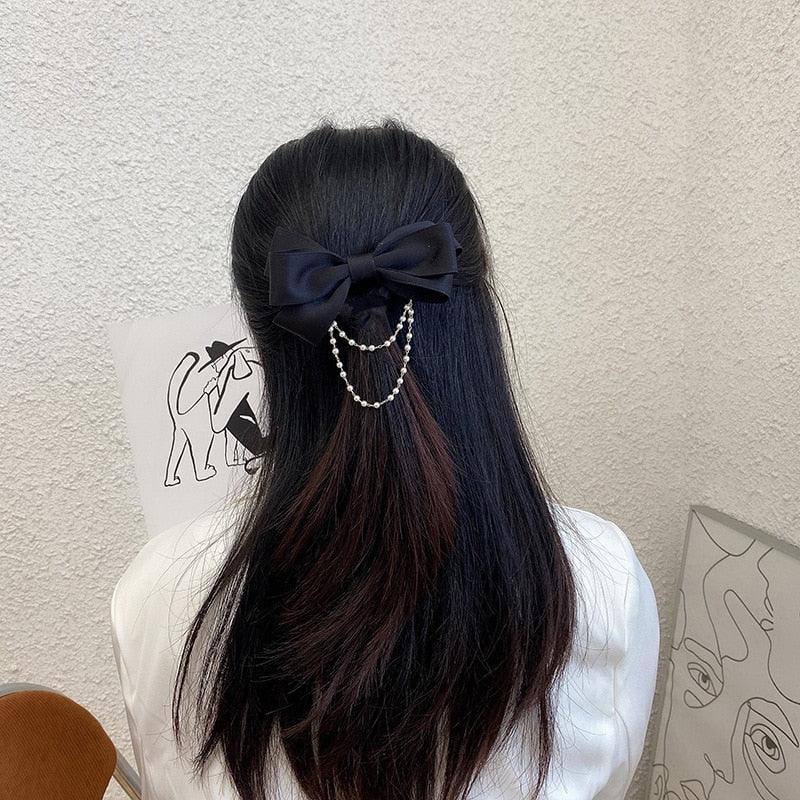 New Bow Pearls Chain Barrettes Hairpins For Women Rhinestone Spring Hair Clips Ribbon Headband Ponytail Headdress Wedding Hair Accessories for Brides and Bridesmaids