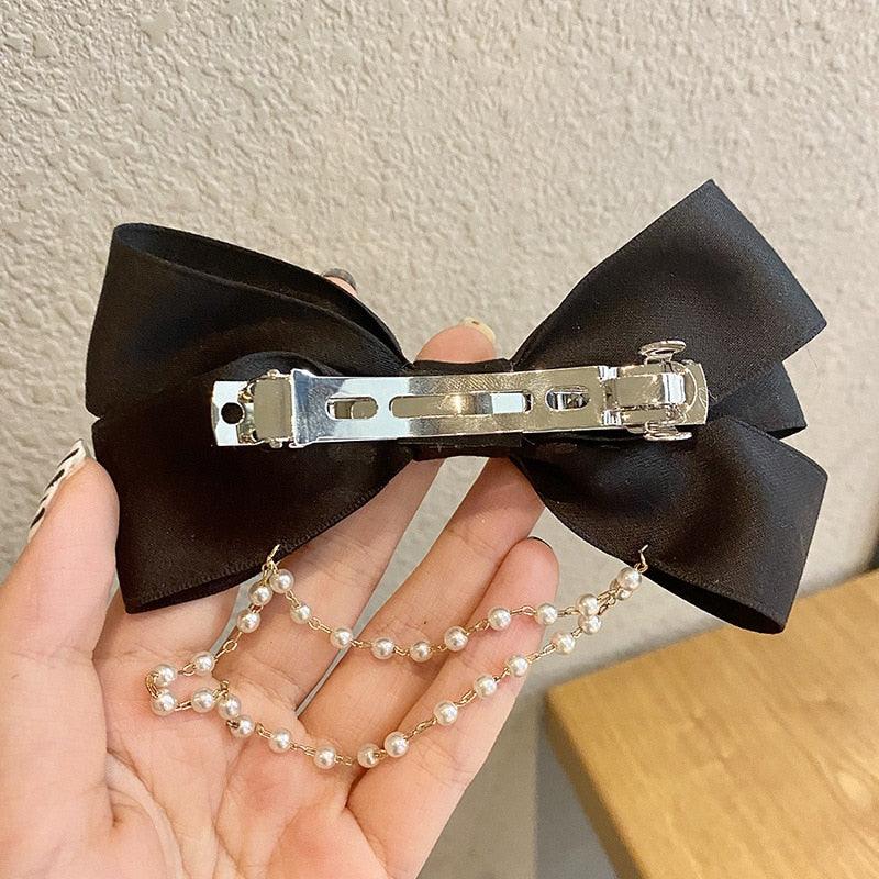 New Bow Pearls Chain Barrettes Hairpins For Women Rhinestone Spring Hair Clips Ribbon Headband Ponytail Headdress Wedding Hair Accessories for Brides and Bridesmaids