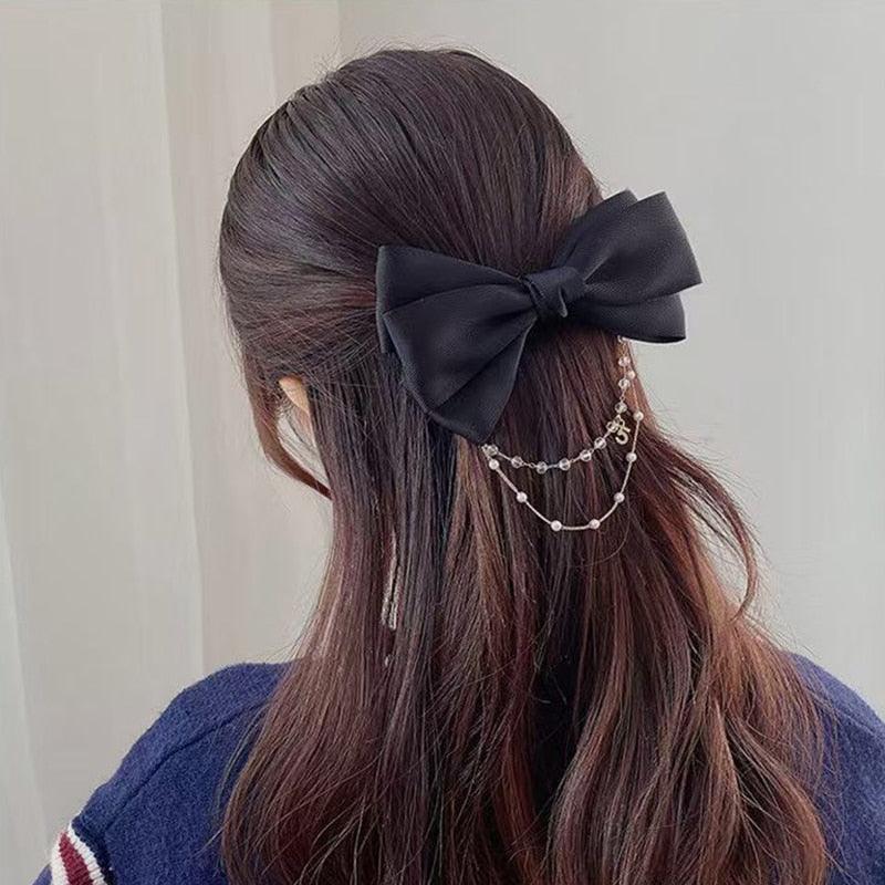 New Bow Pearls Chain Barrettes Hairpins For Women Rhinestone Spring Hair Clips Ribbon Headband Ponytail Headdress Wedding Hair Accessories for Brides and Bridesmaids