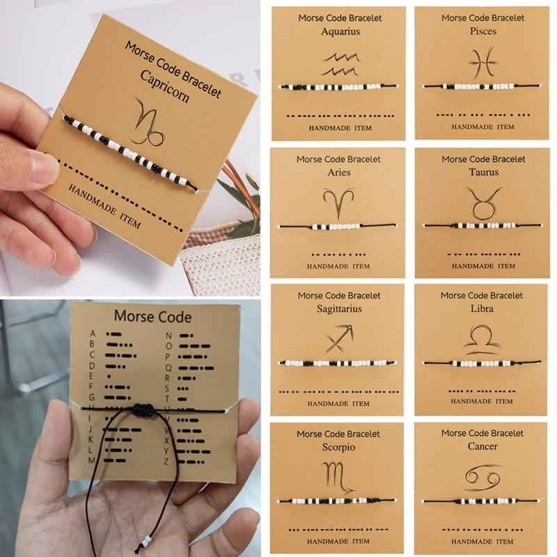 New Charm Bracelet For Women Men Twelve Zodiac Black White Rice Beads Adjustable Rope Chain Bracelet Natural Stone Beads Bracelet For Boyfriend Girlfriend Women