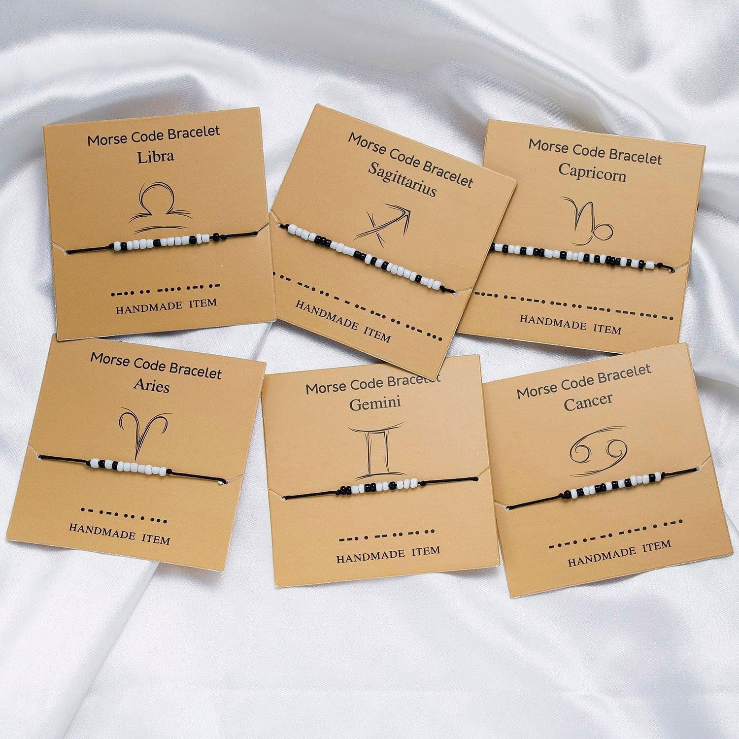 New Charm Bracelet For Women Men Twelve Zodiac Black White Rice Beads Adjustable Rope Chain Bracelet Natural Stone Beads Bracelet For Boyfriend Girlfriend Women