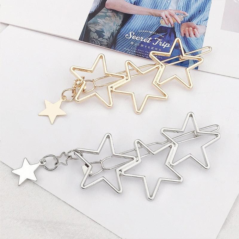 New Fashion Girl Love Five-pointed Star Alloy Clip Bangs Clip Adult Simple Hollow Crystal Hairpin Hair Clip Metal Alloy Barrettes Hair Accessories for Party Wedding