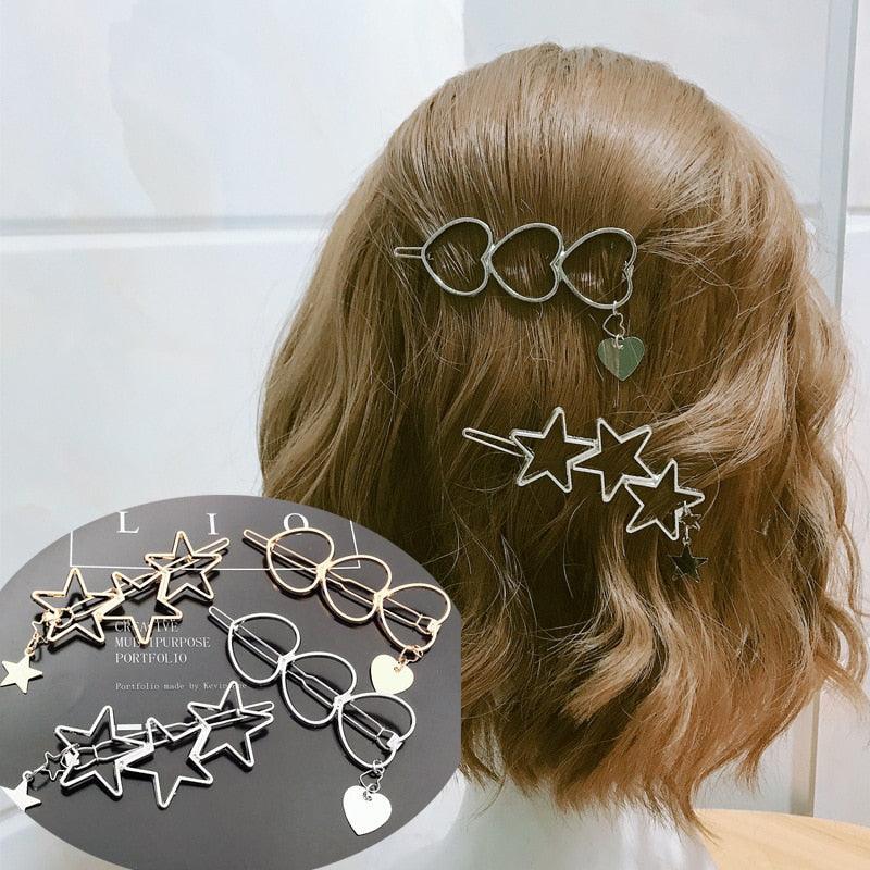 New Fashion Girl Love Five-pointed Star Alloy Clip Bangs Clip Adult Simple Hollow Crystal Hairpin Hair Clip Metal Alloy Barrettes Hair Accessories for Party Wedding
