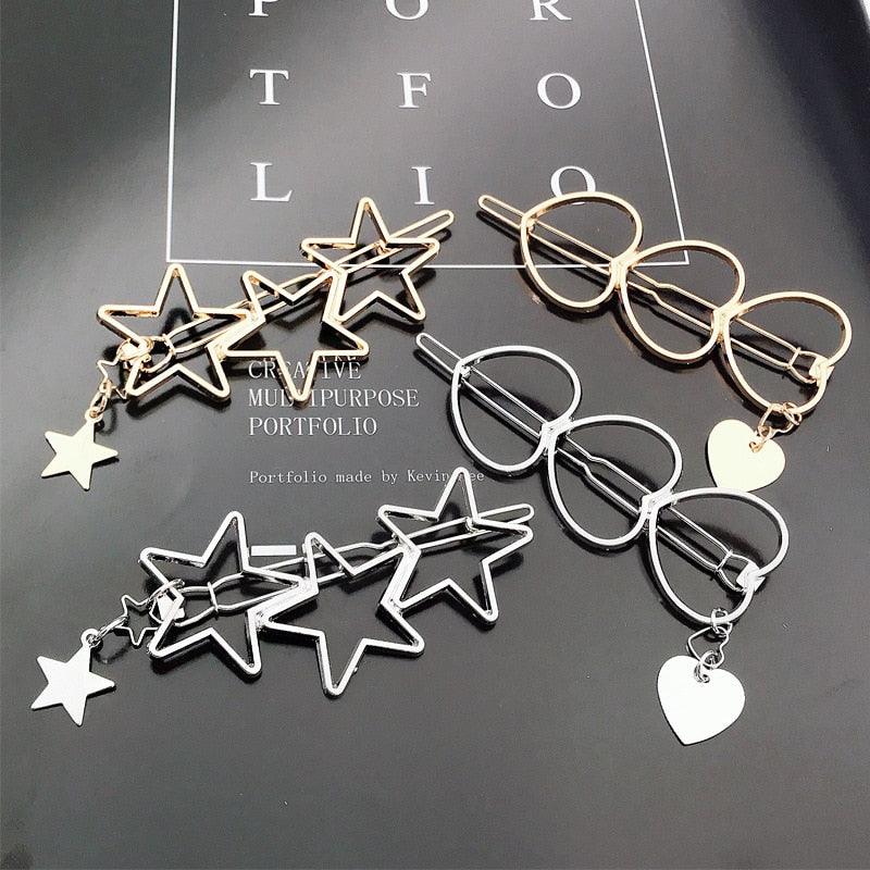 New Fashion Girl Love Five-pointed Star Alloy Clip Bangs Clip Adult Simple Hollow Crystal Hairpin Hair Clip Metal Alloy Barrettes Hair Accessories for Party Wedding