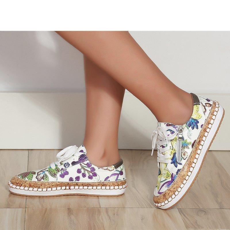 New Popular Womens Shoes Colorful Beautiful Flower Printing Shoes Lace-up Flat Women's Casual Womens Sneakers High-Quality Women's White Sports Casual Couple Shoes Summer Trainers Walking Sneakers