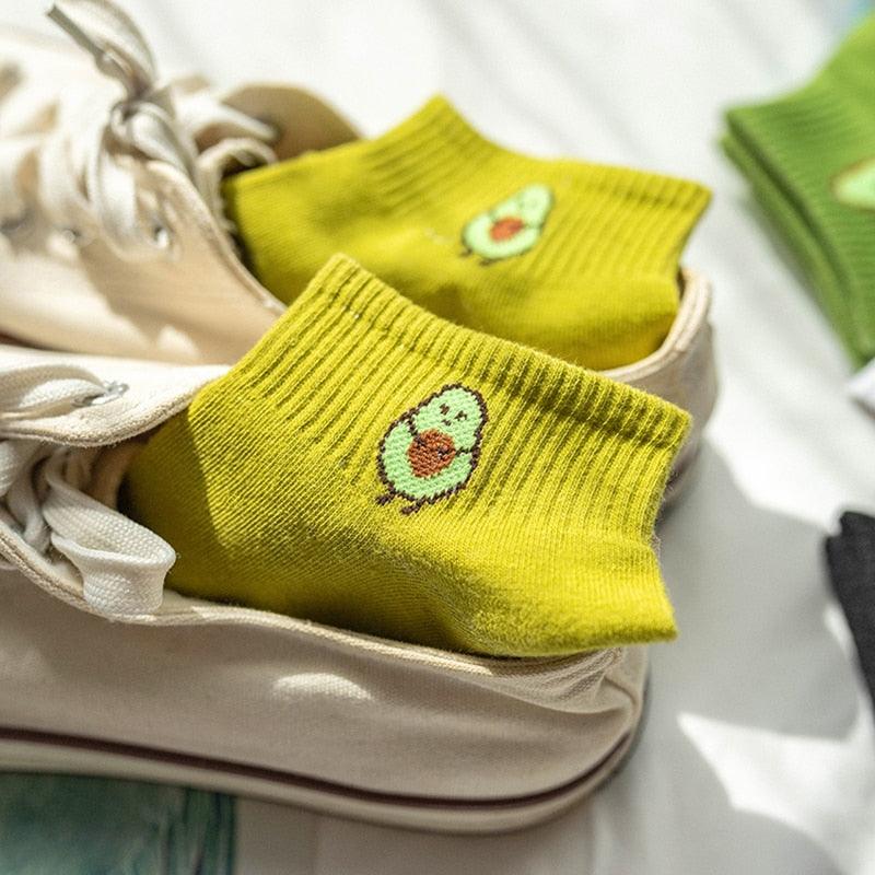 Solid Color Avocado Printed Socks Casual Joker Cotton Short Socks Ladies Fruit Print Concise College Style Breathable Cotton Short Socks For Men And Women